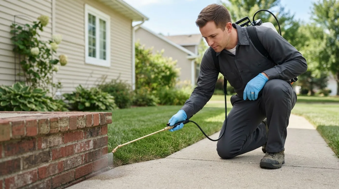 Pest control technician treating a home near Peetz, CO